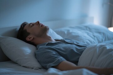 Photorealistic image of a man snoring with open mouth, head tilted bac…