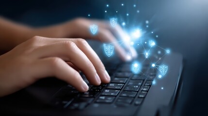 Hands typing on a keyboard with glowing digital shield icons representing cybersecurity and data protection.