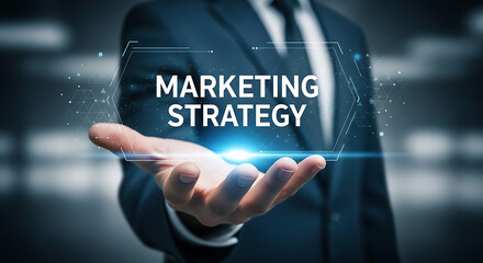 Businessman Hand Holding Marketing Strategy Hologram