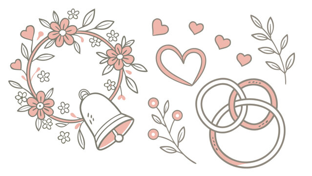 Illustration of a floral wreath with a bell, hearts, branches, berries, and wedding rings design - Powered by Adobe