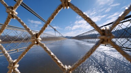 A close-up view through a rope net of a suspension bridge over a river with hills and blue sky in the background.