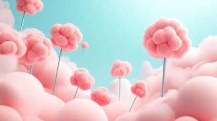 Obraz premium Soft pink fluffy flowers bloom on thin stems above pastel clouds against a clear blue sky, creating a whimsical and dreamy landscape.
