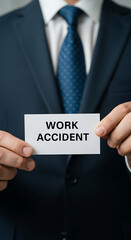 Businessman Holding Work Accident Card Dark Suit Blue Tie