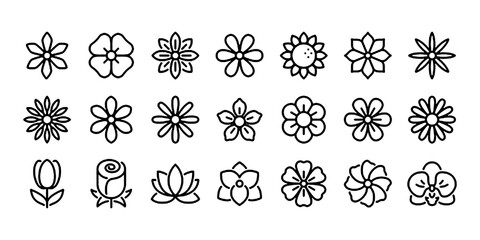 Flowers editable stroke outline icons set isolated flat vector illustration.