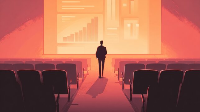 Businessman facing large screen projection, auditorium