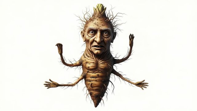 Mandrake root comes to life with eerie faces and animated movements in a mystical setting