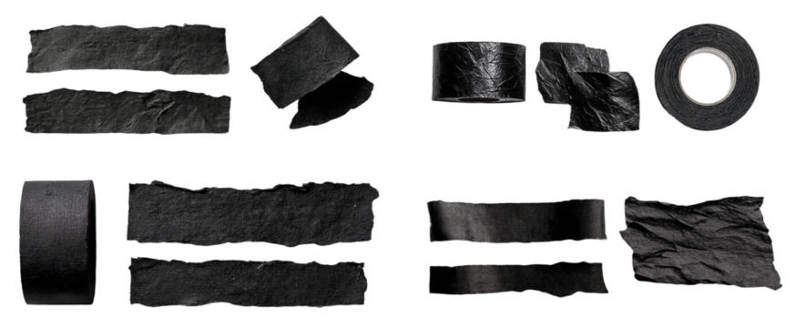 A collection of black duct tape pieces are arranged against a transparent background showcasing their textures