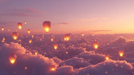 Floating lanterns at sunset, above clouds