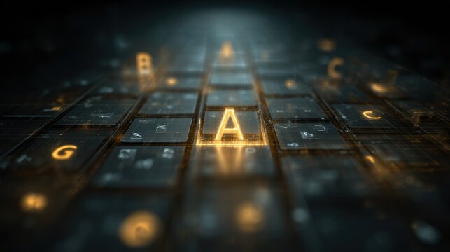Close-up glowing keyboard, letter A highlighted