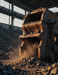 Fototapeta premium Mining crusher machine processing raw ore in an industrial setting