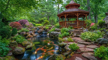 Lush garden with koi pond, gazebo