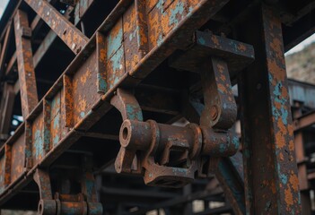 Close-up of a weathered mining headframe structure with hoisting equipment