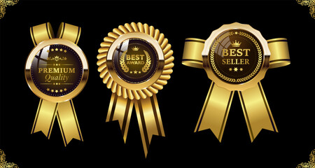Golden luxury labels and banners, gold badge vector .Best seller,certificate seal,Best award, ribbon, VIP, super quality sticker tags and banners for best product seals, top no 1 brand golden crown