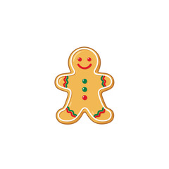 Isolated gingerbread man with red smile and buttons and decorative icing on a plain white background