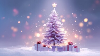 Obraz premium Enchanting Purple Christmas Tree with Gifts in Snowy Winter Wonderland