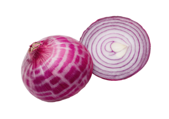 Close-up of a vibrant purple onion, whole and halved.  Striped pattern on outer skin.  Distinct layers visible in the cut section.  Isolated against black background