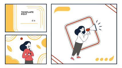 Illustration of template post design with a woman holding a megaphone and another woman with a pen in hand