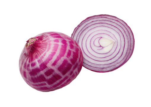 Close-up of a vibrant purple onion, whole and halved.  Striped pattern on outer skin.  Distinct layers visible in the cut section.  Isolated against black background