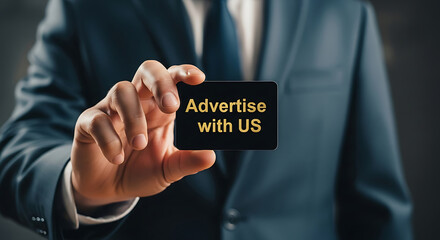 Man in Suit Holding Advertise With Us Card hand black