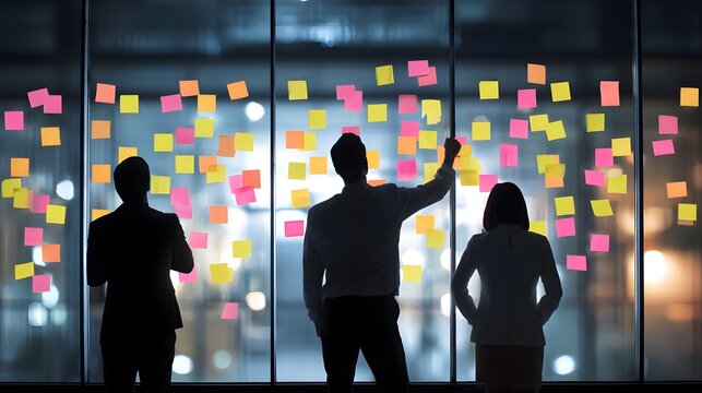 Team brainstorming with sticky notes on a glass wall in a modern office.
Concept : Creative teamwork, innovation, idea generation, collaboration, business strategy.