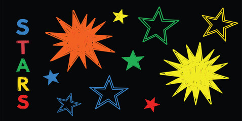 Obraz premium Collection of crayon drawn funky colorful stars. Fun kid star shapes. Childish drawing cosmic illustration. Set of doodle sparks and sparkles.