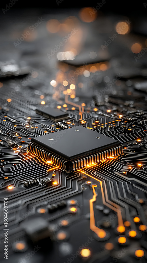 Poster microchip on circuit board with glowing orange connections and bokeh lights creating futuristic tech