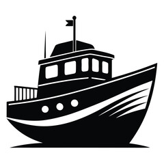 Obraz premium Nautical Silhouette: A stark, stylized black and white illustration of a fishing vessel against a clean backdrop, depicting the essence of maritime travel and the simplicity of graphic design.
