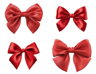 Four elegant red satin bows tied with precision isolated on a white backdrop isolated on transparent background