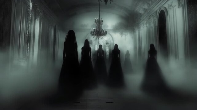 Shadowy figures gliding through ornate palace ballroom with swirling smoke, emanating supernatural dread and creating haunting gothic horror atmosphere dripping with mystical tension
