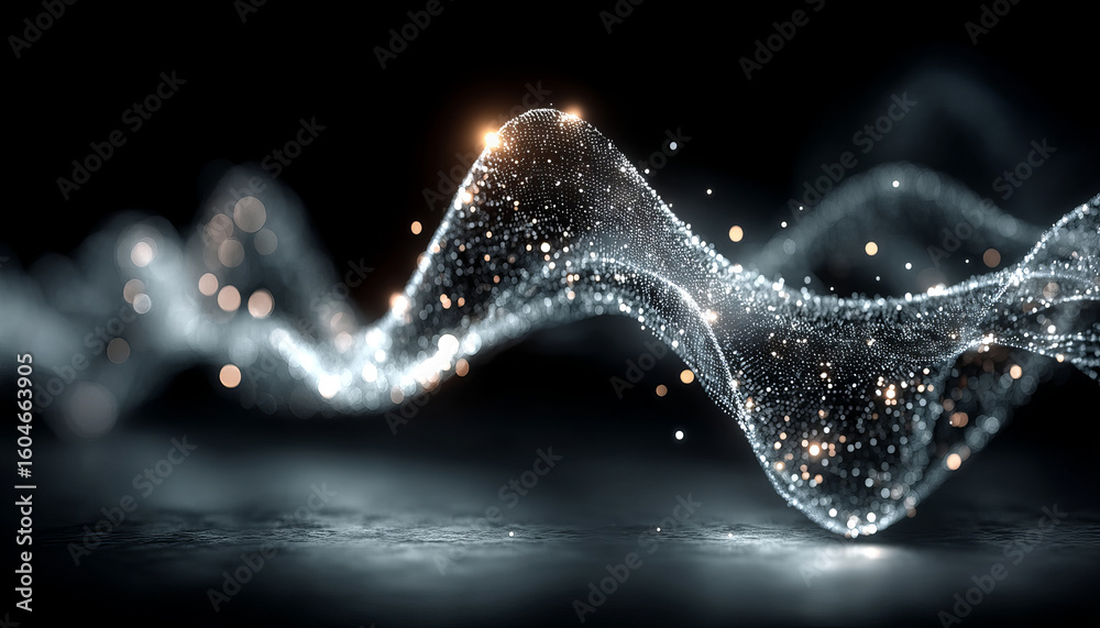 Aufkleber digital data stream forming glowing wave with sparkling particles dark space, creating futuristic an