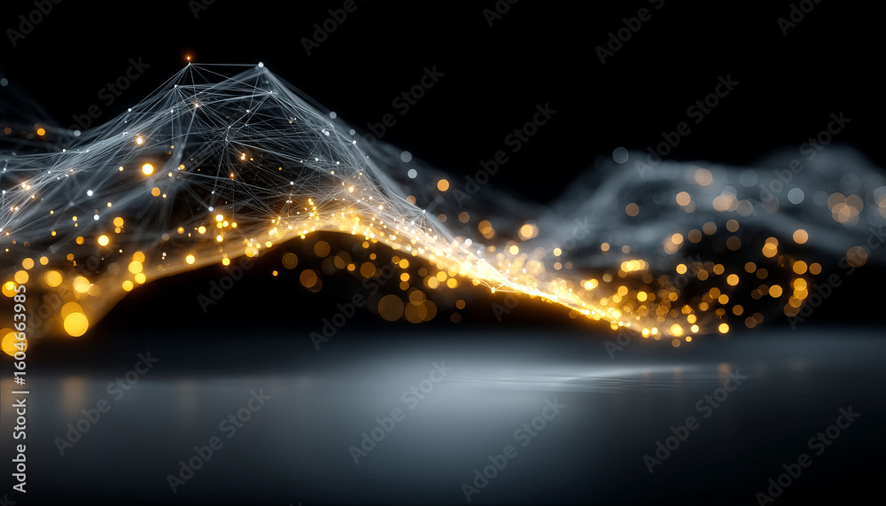 Poster digital network with glowing golden particles and connected nodes creating dynamic wave effect in da