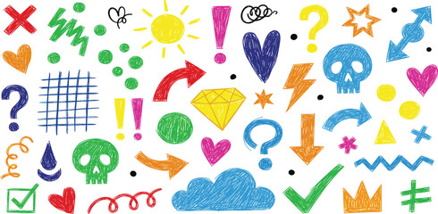 Fototapeta premium Colorful childish seamless pattern with crayon drawn shapes, scribbles and doodles.