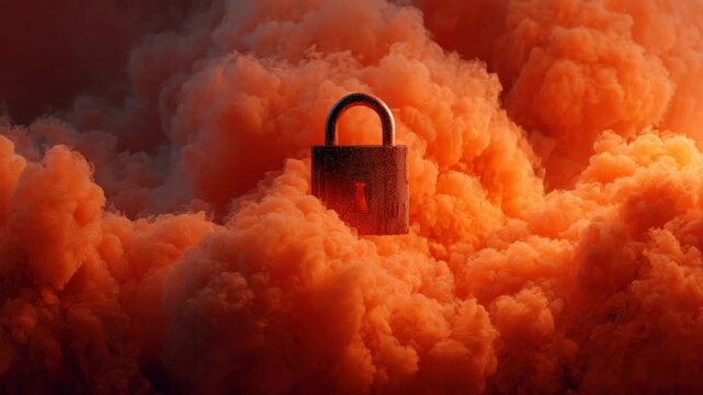Old metal padlock floating in vibrant orange smoke, realistic style, dark background, concept of security and mystery