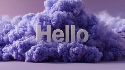Large Hello text surrounded by puffy, fluffy purple smoke clouds on a soft pastel background, representing welcome or greeting concept - Powered by Adobe