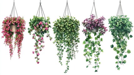 Set of Hanging Potted Plants with Varied Foliage and Flowers