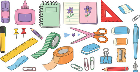 Crayon drawn colorful kid's stationary tools. Colorful funky childish illustration. Glue, sketchbook, washi tape, scrapbook tools.