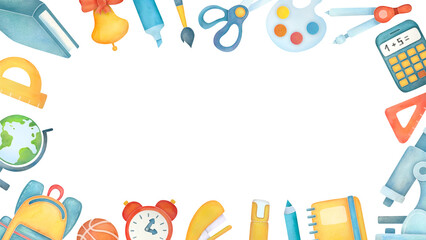 watercolor back to school greeting card template. September illustration on white background with copy space. horizontal autumn frame for banner, card, social media, advertising, website