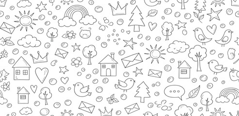 Hand drawn childish doodle seamless pattern with various shapes and elements. Cute doodle wallpaper with birds, crowns, hearts and sun. 