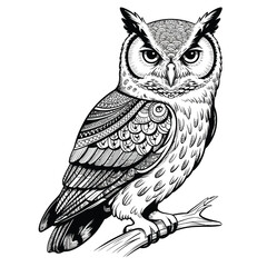 Detailed black and white illustration of an owl perched on a branch