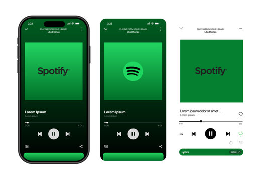 Spotify music streaming UI mockup with playlist layout, playback controls, album art, and music display theme for digital audio platform vector illustration.
