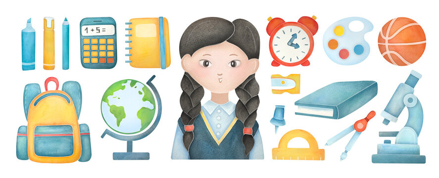 girl in school iniform and Set of stationery, backpack, books. watercolor illustration isolated on white transparent background. back to school clip art and cut out collection
