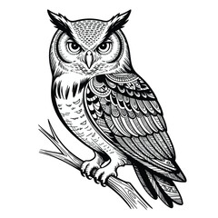 Detailed black and white illustration of an owl perched on a branch