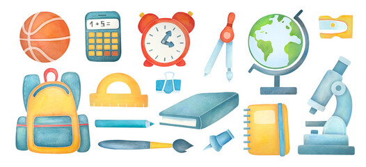 Back to school set. Cute school stationery, supplies collection. watercolor illustration isolated on white transparent background, clip art cut out element design. workspace accessories for students