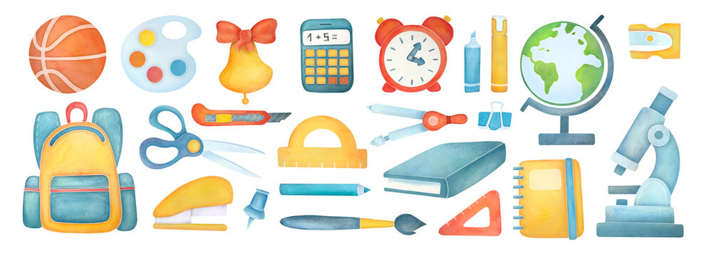 Back to school set. Cute school stationery, supplies collection for students education. hand drawn watercolor illustrations isolated on white transparent background, clip art cut out elements