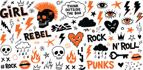 Punk and rock style crayon drawn shapes. Collection of charcoal graffiti doodle girly figures