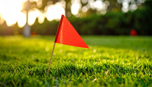 Small red triangle flag in green grass. Warning of danger and dangerous areas.
