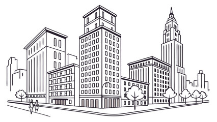 Fototapeta premium Illustration of a cityscape with various buildings, trees, and two people walking on the sidewalk near buildings