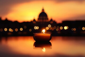 A lit candle in the foreground with the silhouette of St. Peter's Basilica at sunset in Vatican City. The scene conveys a sense of peace and spirituality.