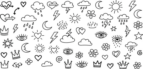 Naklejka premium Vector childish hand drawn doodle collection. Kid's style doodle flowers, crowns, hearts and weather