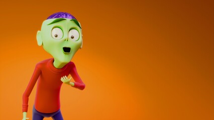 half-body green alien zombie character with exposed purple brain looking up on orange gradient background